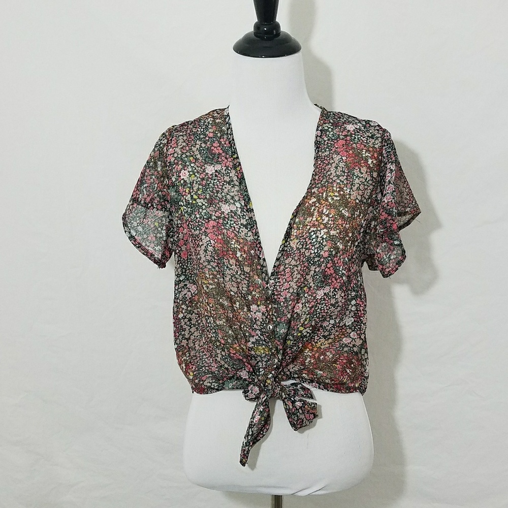 Oona & Maude sheer floral crop top button down